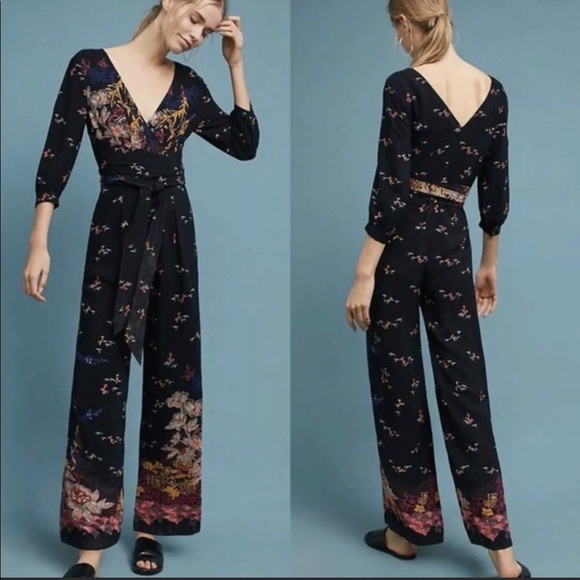 Anthropologie Pants - Anthro Feather Bone Nara Black Floral Jumpsuit
